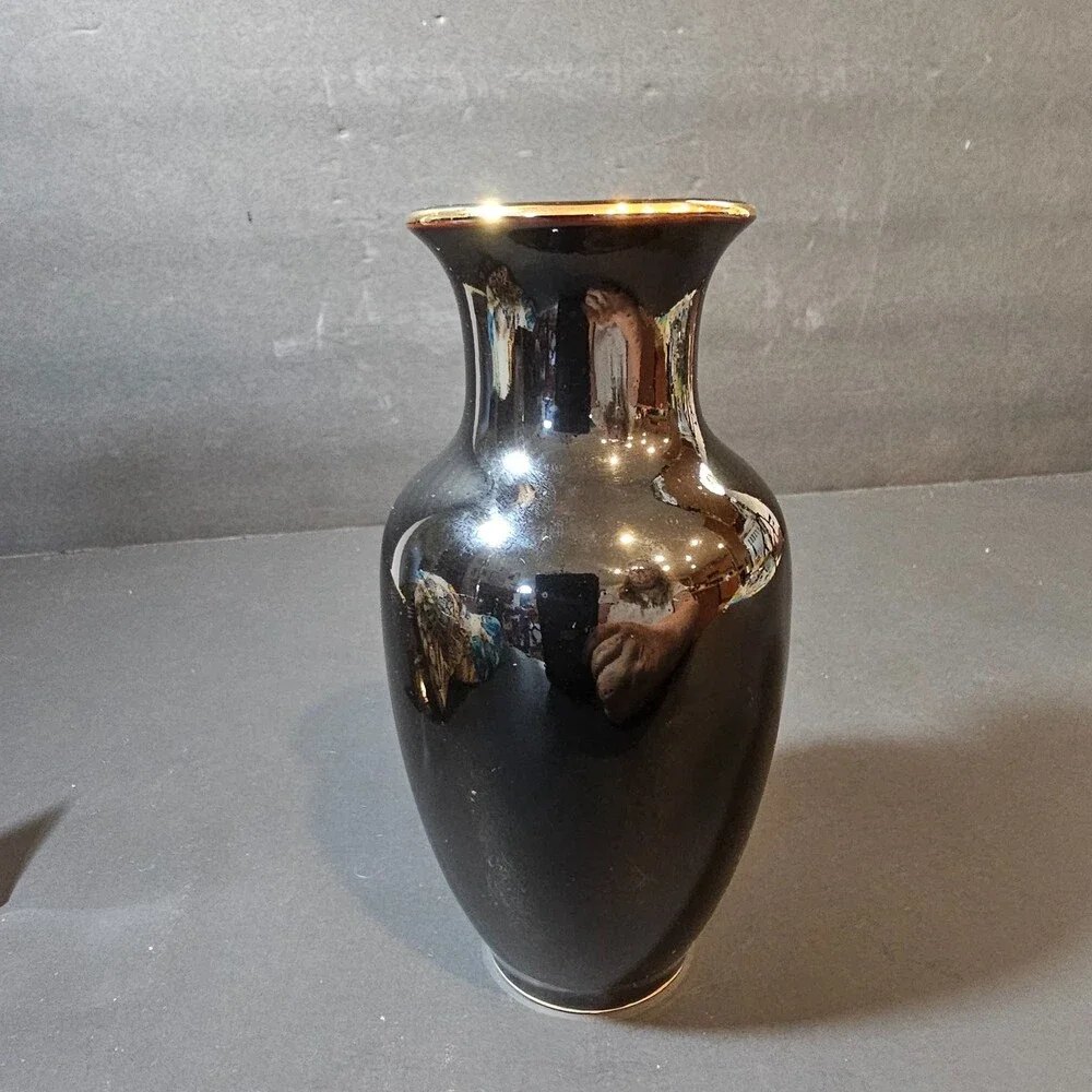 Vtg Black Japanese Cobalt Quail Hand-painted Vase Excellent Condition
